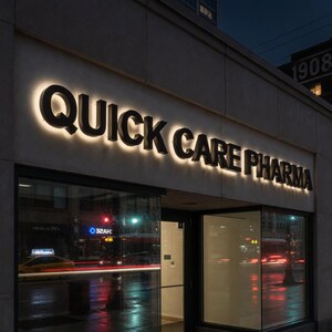 May include: Exterior of a pharmacy at night. The sign reads "QUICK CARE PHARMA" in large, illuminated letters. The building has large glass windows reflecting street lights and a yellow taxi. The overall color scheme is dark with bright, warm lighting.