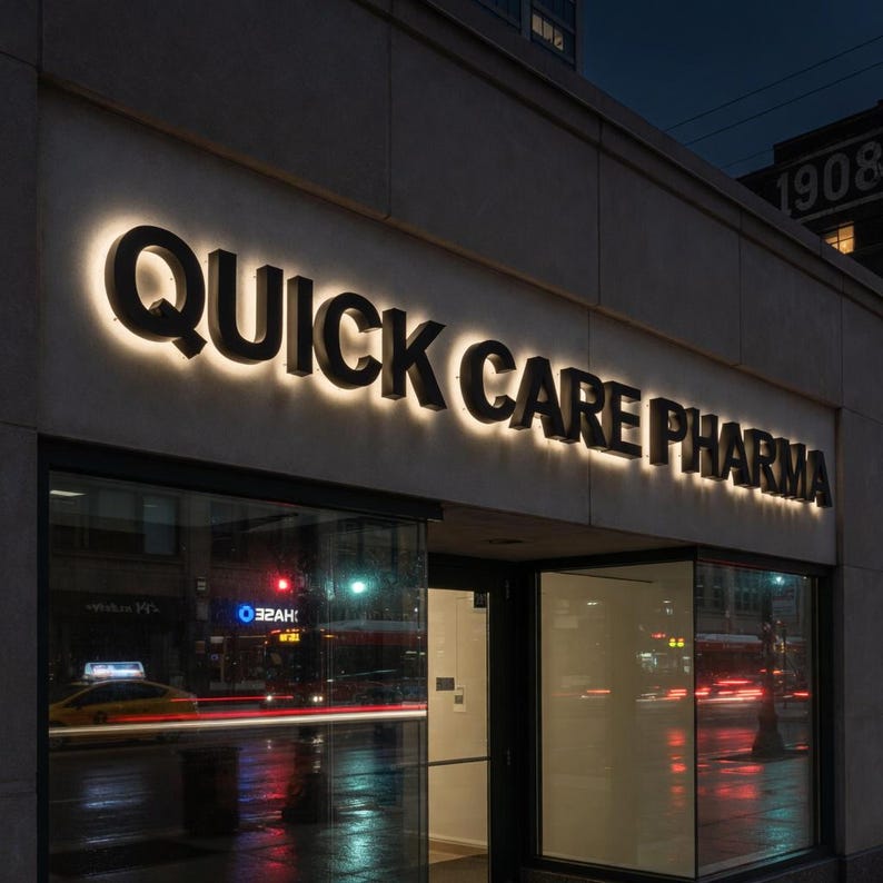 May include: Exterior of a pharmacy at night. The sign reads "QUICK CARE PHARMA" in large, illuminated letters. The building has large glass windows reflecting street lights and a yellow taxi. The overall color scheme is dark with bright, warm lighting.