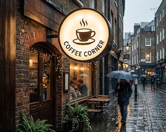 Puede incluir: Un letrero redondo e iluminado con el icono de una taza de café negra y el texto COFFEE CORNER, montado en una fachada de ladrillo. El escaparate cuenta con una puerta de cristal, una ventana con asientos interiores y plantas verdes en la acera.