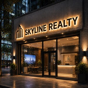 May include: A commercial storefront for Skyline Realty featuring a large, illuminated sign with the company name and a stylized building logo. The glass entrance reveals a modern office interior with a reception desk and a large wall screen.