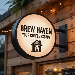 Puede incluir: Un letrero redondo e iluminado para "Brew Haven", una cafeter&iacute;a. El letrero es negro con texto blanco y un gr&aacute;fico de una casa con una taza de caf&eacute;. Est&aacute; montado en una pared de madera.