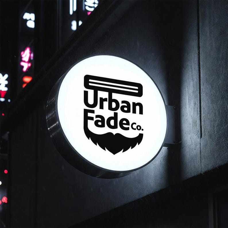Puede incluir: Un letrero redondo e iluminado con el texto "Urban Fade co." en negro. El letrero presenta una navaja de barbero estilizada y un gr&aacute;fico de barba. Est&aacute; montado en una pared gris oscura, con luces borrosas de la ciudad en el fondo.