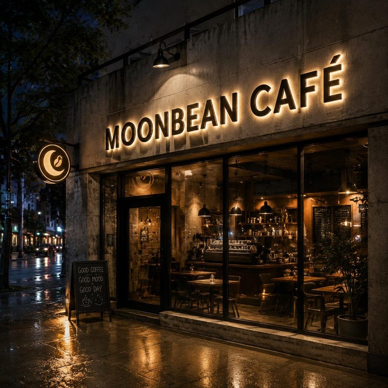 May include: The storefront of Moonbean Caf&eacute; features a large, illuminated sign with the text MOONBEAN CAF&Eacute;. A circular sign with a crescent moon and coffee bean logo hangs to the left. A chalkboard sign reads GOOD COFFEE GOOD MOOD GOOD DAY.