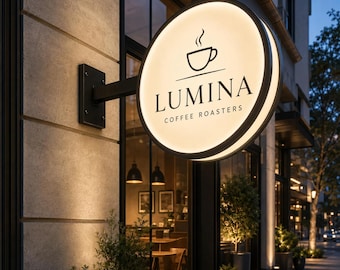 May include: A circular, illuminated wall-mounted sign with a black frame. The sign features a white face with a black graphic of a steaming coffee cup above the text LUMINA COFFEE ROASTERS in a clean, sans-serif font.