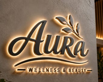 May include: A wall-mounted sign featuring the word Aura in large, dark, dimensional script lettering with a leafy branch icon above. Below, the text WELLNESS & BEAUTY appears in smaller block letters. The entire sign is backlit with a warm glow.