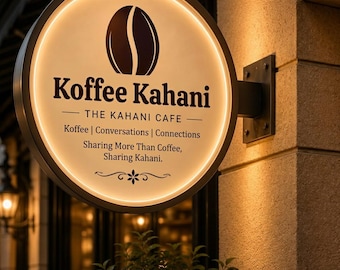May include: A circular, illuminated wall-mounted sign for Koffee Kahani. The sign features a dark brown coffee bean icon, the text Koffee Kahani, The Kahani Cafe, Koffee | Conversations | Connections, and Sharing More Than Coffee, Sharing Kahani.
