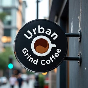 Puede incluir: Un letrero redondo y negro para "Urban Grind Coffee" con texto blanco y un gr&aacute;fico de taza de caf&eacute;. La taza de caf&eacute; es blanca con un relleno de caf&eacute; marr&oacute;n. El letrero est&aacute; montado en una pared gris oscuro con brazos de metal negro.