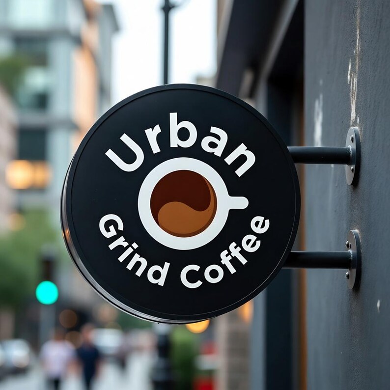 Puede incluir: Un letrero redondo y negro para "Urban Grind Coffee" con texto blanco y un gr&aacute;fico de taza de caf&eacute;. La taza de caf&eacute; es blanca con un relleno de caf&eacute; marr&oacute;n. El letrero est&aacute; montado en una pared gris oscuro con brazos de metal negro.