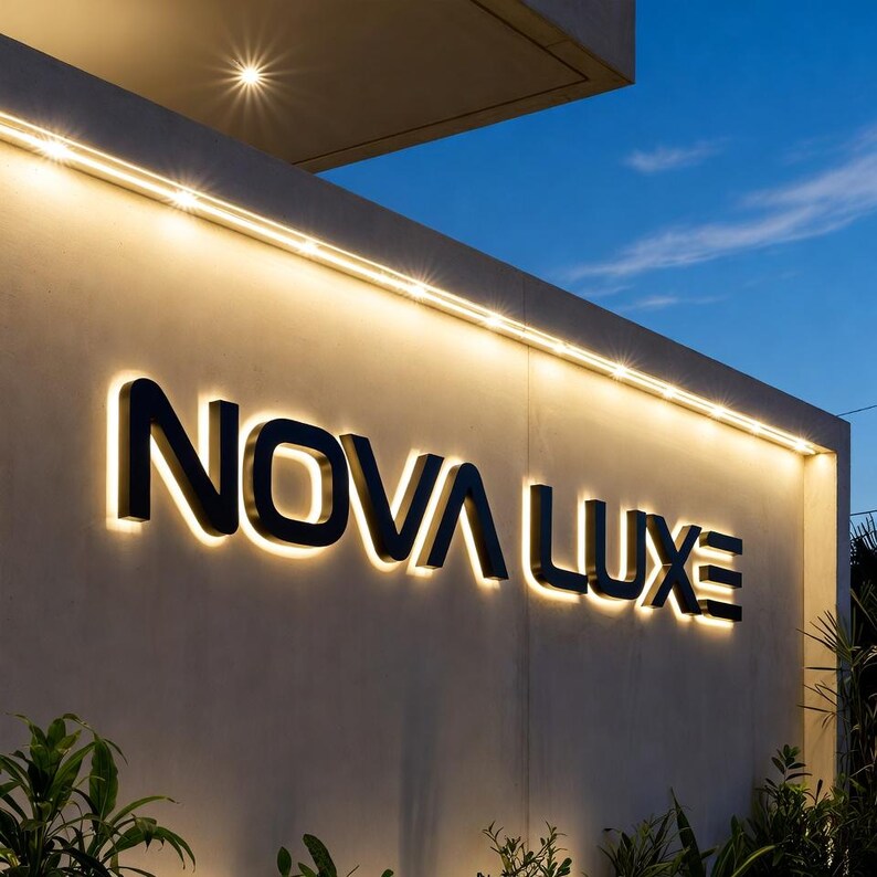 May include: A wall-mounted sign featuring the black text NOVA LUXE in a modern sans-serif font. The letters are backlit with a warm white glow, mounted on a smooth light gray concrete wall illuminated by a linear light fixture along the top edge.