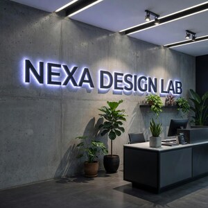May include: The interior of a modern office space features a concrete wall with the illuminated text "NEXA DESIGN LAB." Potted plants are placed throughout the space, including on a shelf and near a reception desk. The desk is black and gray.