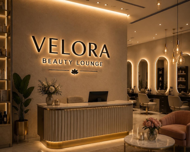 May include: A reception area for Velora Beauty Lounge featuring a cream-colored fluted desk with a marble top. On the wall, the black backlit sign reads VELORA BEAUTY LOUNGE with a lotus icon. The space includes oval mirrors, gold lighting, and plants.