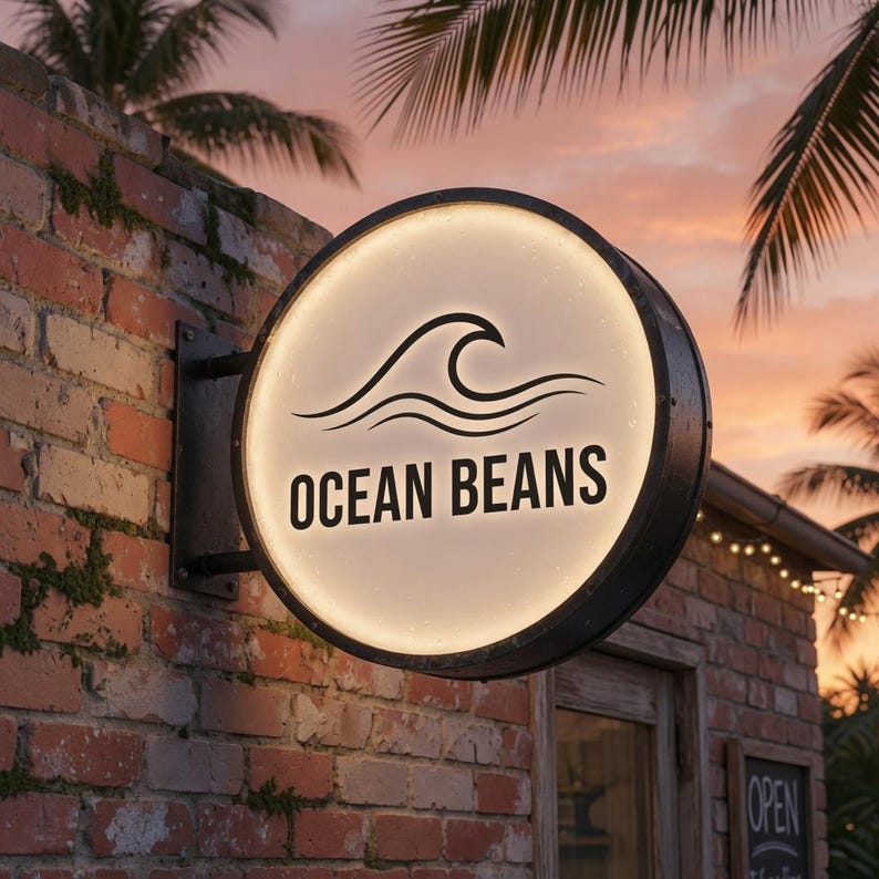 Puede incluir: Un letrero redondo e iluminado con el texto "OCEAN BEANS" y un gr&aacute;fico de olas. El letrero est&aacute; montado en una pared de ladrillo, con una puesta de sol de fondo. El letrero es blanco y negro.