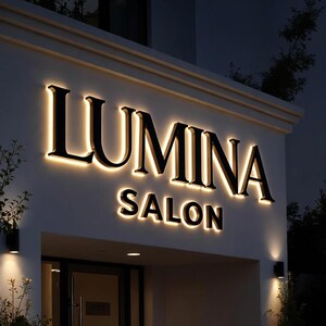 May include: Exterior view of a salon at night. The sign reads "LUMINA SALON" in large, black, illuminated letters against a white wall. The letters are outlined with a warm, golden light, creating a striking contrast. The salon entrance is visible below.