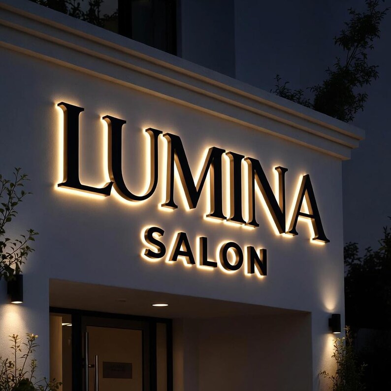 May include: Exterior view of a salon at night. The sign reads "LUMINA SALON" in large, black, illuminated letters against a white wall. The letters are outlined with a warm, golden light, creating a striking contrast. The salon entrance is visible below.