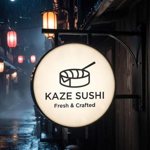 Puede incluir: Un letrero redondo e iluminado para Kaze Sushi, con un icono de rollo de sushi y el texto "Kaze Sushi Fresh & Crafted". El letrero est&aacute; montado en un soporte negro contra una pared de madera, con una escena callejera de fondo.