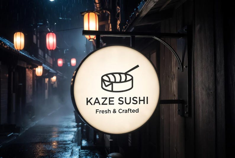 Puede incluir: Un letrero redondo e iluminado para Kaze Sushi, con un icono de rollo de sushi y el texto "Kaze Sushi Fresh & Crafted". El letrero est&aacute; montado en un soporte negro contra una pared de madera, con una escena callejera de fondo.