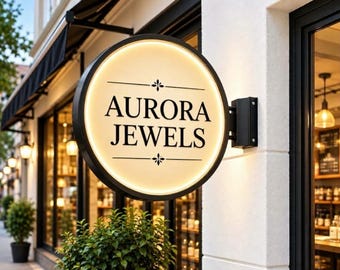 May include: A circular, wall-mounted, illuminated sign with a black frame and a cream-colored face. The text AURORA JEWELS is printed in black, centered between two small decorative floral icons, mounted on a white building exterior.