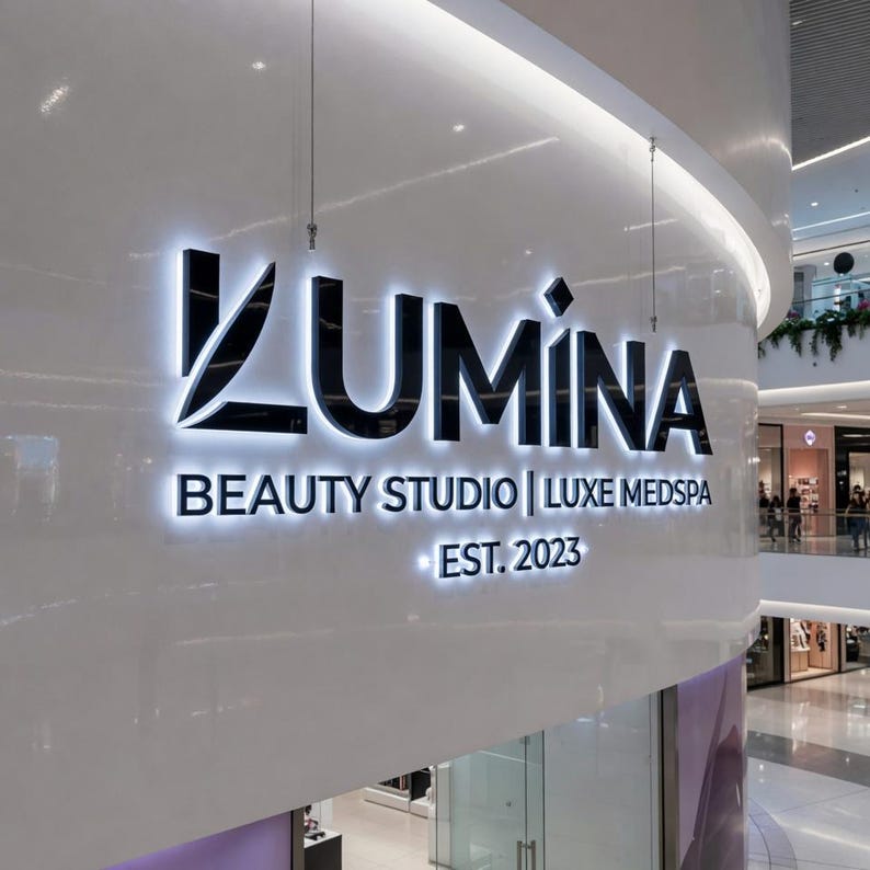 May include: A wall-mounted sign with black, backlit 3D lettering that reads LUMINA BEAUTY STUDIO | LUXE MEDSPA EST. 2023. The sign is mounted on a glossy, curved white surface, with the letters illuminated from behind, creating a glowing effect.