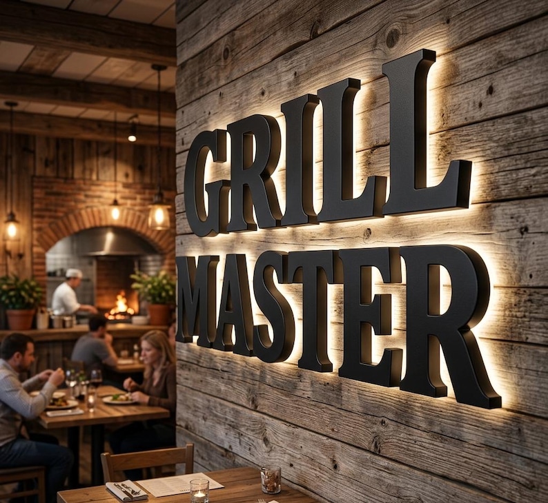 May include: Black "GRILL MASTER" sign with backlighting on a rustic wooden wall. The sign is in a restaurant setting, with tables and people dining in the background. The lighting creates a warm, inviting atmosphere.