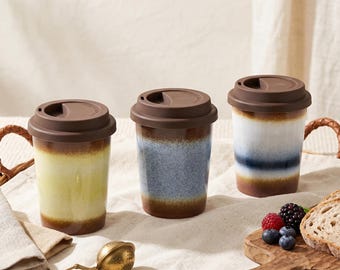 Tazza da viaggio in ceramica fatta a mano con coperchio in silicone, tazza riutilizzabile in ceramica per caffè, latte e cappuccino.