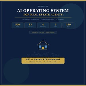 Può includere: Grafica blu scuro con testo bianco che pubblicizza un "SISTEMA OPERATIVO AI PER AGENTI IMMOBILIARI". Include dettagli su prompt, framework e categorie. Un banner giallo indica "Download PDF istantaneo".