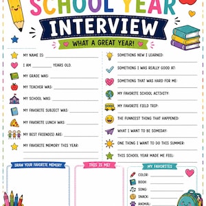 Pode incluir: Uma folha de entrevista colorida de fim de ano escolar com o texto "End of the School Year Interview". Inclui espaços para escrever sobre o ano escolar, coisas favoritas e desenhar memórias. Apresenta ilustrações de um lápis, maçã, livros e mochila.