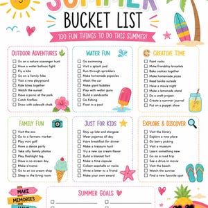 Op de afbeelding: Een kleurrijke zomer bucketlist met leuke activiteiten zoals zwemmen, ijsjes maken en het strand bezoeken. Bevat buitenavonturen, waterpret, creatieve tijd en meer. Met een vrolijke zon en een ananas.