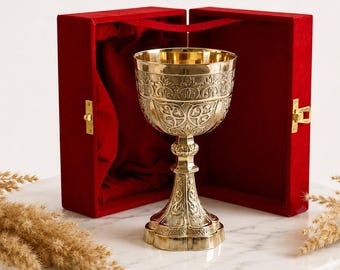 Personalized Brass Goblet, Engraved Medieval Wine Chalice, Custom Viking Goblet, Handmade Solid Brass Cup, Renaissance Gift, Red Velvet Box