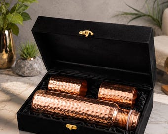 Personalized Copper Water Bottle Gift Set with 2 Copper Tumblers, Corporate Gift for Employees Clients Boss, Engraved Executive Gift