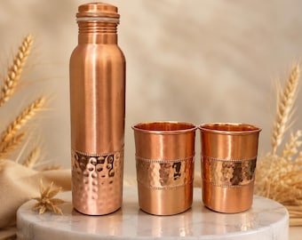 Personalized Half Hammered Copper Water Bottle Set with 2 Tumblers, Custom Engraved Copper Gift, Wedding Anniversary Gift, Christmas gift