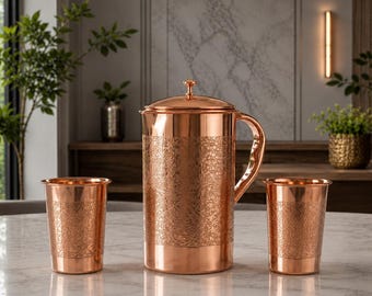 Personalized Copper Water Pitcher with 4 Engraved Copper Tumblers, Custom Name Copper Drinkware Set, Wedding Gift, Housewarming Gift, copper