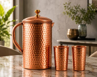 Pure Hammered Copper Jug with Glass Set, 1.5L Copper Water Pitcher with 250ml Tumblers, Handmade Copper Drinkware, Copper Gift Set