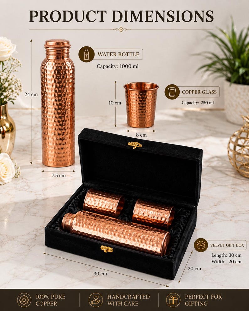Personalized Copper Water Bottle Gift Set with 2 Copper Tumblers, Corporate Gift for Employees Clients Boss, Engraved Executive Gift image 8