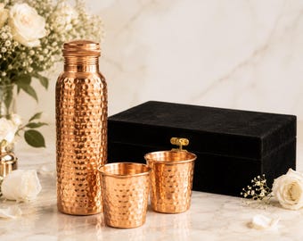 Personalized Hammered Copper Water Bottle Set with 2 Tumblers, Custom Engraved Copper Gift Set, Black Velvet Box, Wedding Anniversary Gift