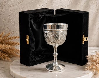 Personalized Silver Engraved Goblet, Custom Wedding Gift, Engraved Brass Chalice with Velvet Box, Anniversary Gift for Couple, gift for him