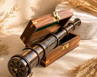 Personalized Antique Brass Telescope with Free Wooden Gift Box, Custom Engraved Spyglass, Nautical Gift for Men, Dad Gift, Christmas gift