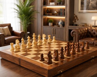Personalized Wooden Magnetic Chess Set, Foldable Chess Board with Storage, Handmade Wooden Chess Game, Travel Chess Gift for Adults