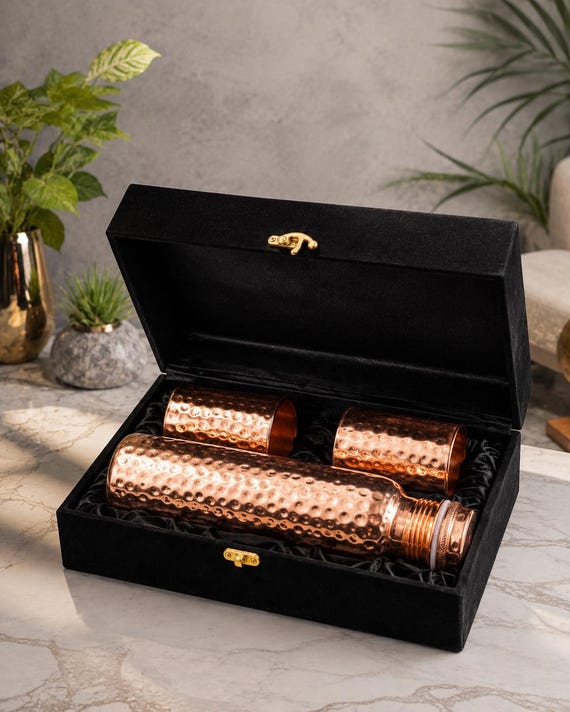 Personalized Copper Water Bottle Gift Set with 2 Copper Tumblers, Corporate Gift for Employees Clients Boss, Engraved Executive Gift