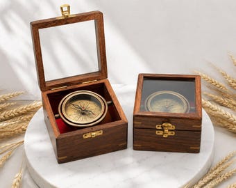 Bussola cardanica in ottone personalizzata con scatola in legno, bussola incisa su misura, regalo nautico per lui, festa del papà, regalo di laurea, bussola