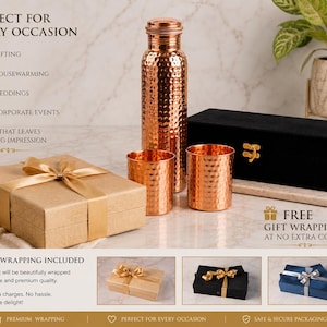 May include: A hammered copper water bottle and two matching copper tumblers are displayed alongside a black velvet box and a gift-wrapped package with a gold ribbon. The text includes "PERFECT FOR EVERY OCCASION," "GIFTING," "HOUSEWARMING," "WEDDINGS," "CORPORATE EVENTS," "LUXURY THAT LEAVES A LASTING IMPRESSION," "FREE GIFT WRAPPING AT NO EXTRA COST!," and "GIFT WRAPPING INCLUDED."