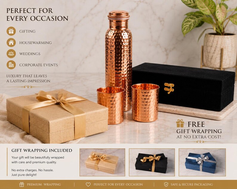 May include: A hammered copper water bottle and two matching copper tumblers are displayed alongside a black velvet box and a gift-wrapped package with a gold ribbon. The text includes "PERFECT FOR EVERY OCCASION," "GIFTING," "HOUSEWARMING," "WEDDINGS," "CORPORATE EVENTS," "LUXURY THAT LEAVES A LASTING IMPRESSION," "FREE GIFT WRAPPING AT NO EXTRA COST!," and "GIFT WRAPPING INCLUDED."