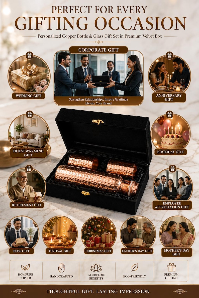 Personalized Copper Water Bottle Gift Set with 2 Copper Tumblers, Corporate Gift for Employees Clients Boss, Engraved Executive Gift image 10