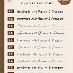 May include: A beige font selection chart titled FONT LIST CHOOSE THE FONT, featuring ten numbered styles displaying the text Handmade with Passion & Precision. Includes a circular badge stating Handpicked fonts for the engraving and bottom text.
