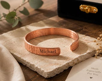 Personalized Copper Bracelet, Hammered Copper Cuff, Engraved Bracelet, Custom Name Gift, Handmade Copper Jewelry, Velvet Box, Gift For Her