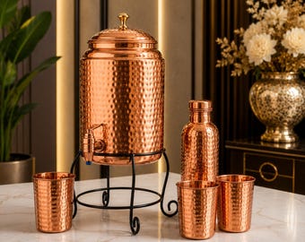 Hammered Copper Water Dispenser Set, Pure Copper Beverage Dispenser with Stand, 1L Bottle & 2 Tumblers, Rustic Kitchen Gift, Gift for mom