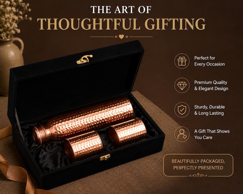 Personalized Copper Water Bottle Gift Set with 2 Copper Tumblers, Corporate Gift for Employees Clients Boss, Engraved Executive Gift image 3