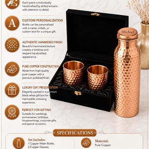 Personalized Copper Water Bottle Gift Set with 2 Copper Tumblers, Corporate Gift for Employees Clients Boss, Engraved Executive Gift image 7