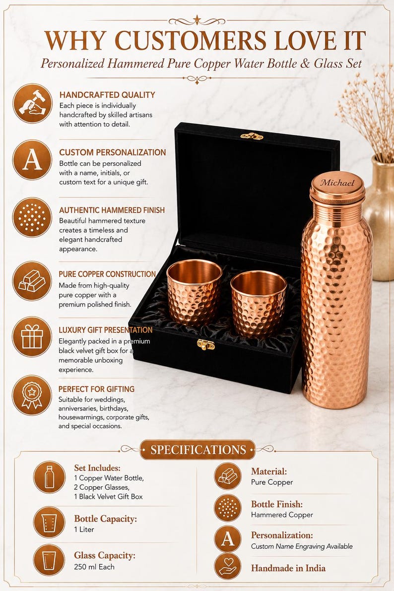 Personalized Copper Water Bottle Gift Set with 2 Copper Tumblers, Corporate Gift for Employees Clients Boss, Engraved Executive Gift image 7