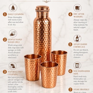 May include: A hammered copper bottle and three matching tumblers with an instructional guide titled HOW TO CLEAN YOUR COPPER BOTTLE & GLASSES. The text outlines seven steps for maintenance, including hand washing and avoiding harsh chemicals.