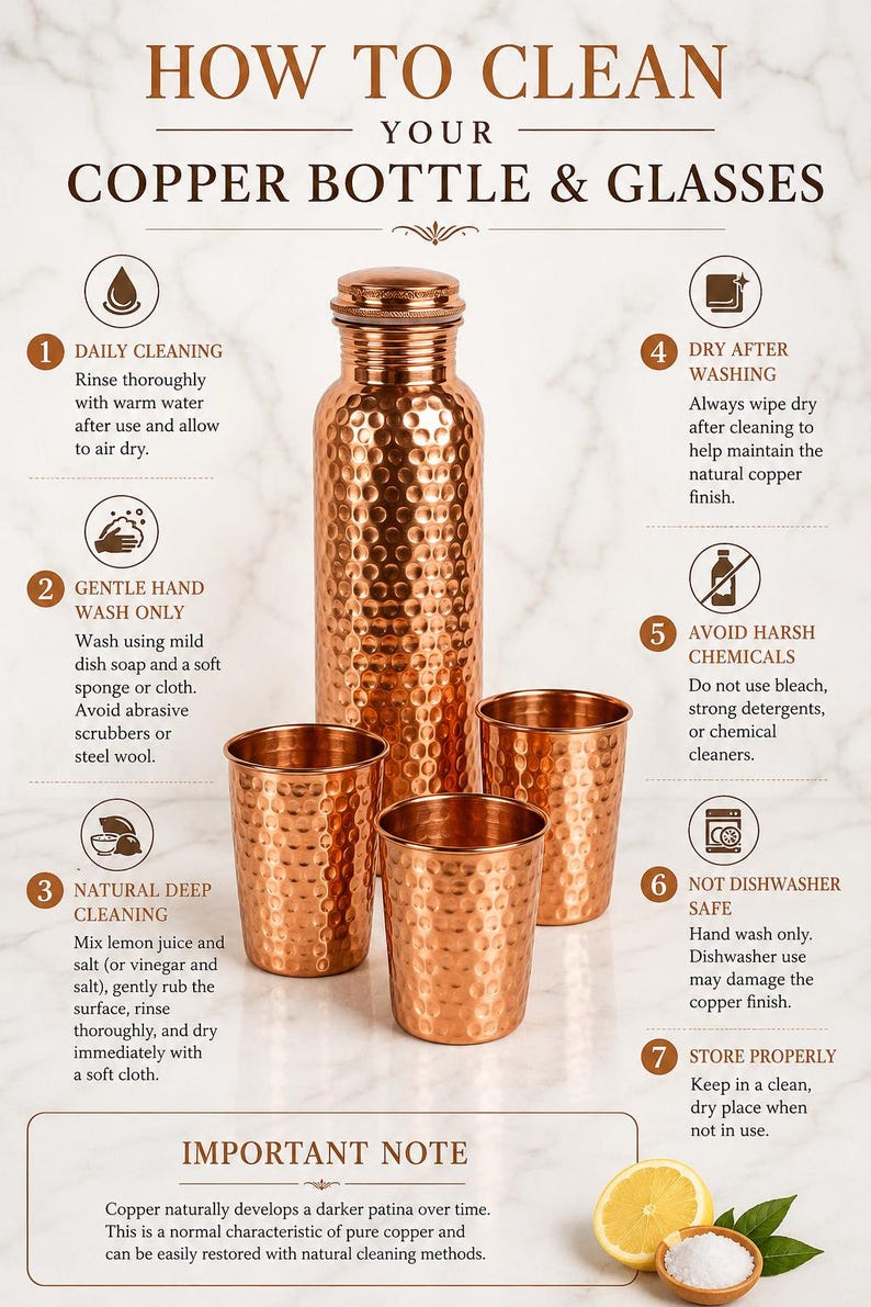 May include: A hammered copper bottle and three matching tumblers with an instructional guide titled HOW TO CLEAN YOUR COPPER BOTTLE & GLASSES. The text outlines seven steps for maintenance, including hand washing and avoiding harsh chemicals.
